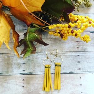 Mustard yellow faux leather tassel earrings